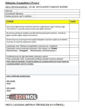 Dilimizin zenginlikleri projesi Ocak ayi okul öncesi kademesi proje faaliyet tablosu raporu