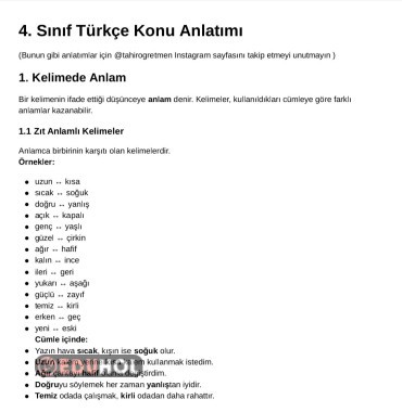 4.Sınıf Türkçe  Tüm Konular Genel Özet