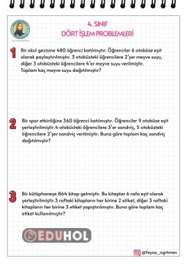 4. SINIF DÖRT İŞLEM PROBLEMLERİ (ÇÖZÜMLÜ HAZIRLANMIŞTIR)
