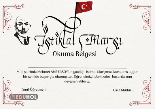 12 Mart İstiklal Marşı Okuma belgesi