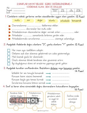 2.Sınıf Hayat Bilgisi 1.Öğrenme Alanı Süreç Değerlendirme Çalışması ve Değerlendirme Formu