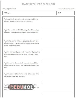 2.Sınıf Toplama İşlemli Matematik Problemleri-Kolay Seviye