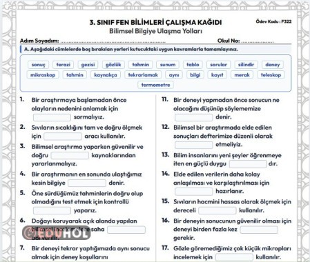 3. SINIF FEN BİLİMLERİ Bilimsel Bilgiye Ulaşma Yolları Çalışma Kağıdı