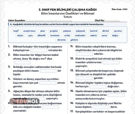 3.Sınıf Fen Bilimleri Bilim İnsanlarının Özellikleri ve Bilimsel Tutum