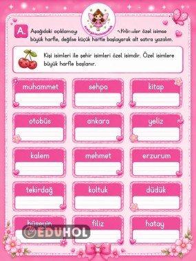 1. SINIF TÜRKÇE ÖZEL İSİMLER ÇALIŞMA SAYFASI