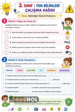 3 Sınıf Fen Bilimleri Elektiriğin Güvenli kullanımı çalışma kağıdı