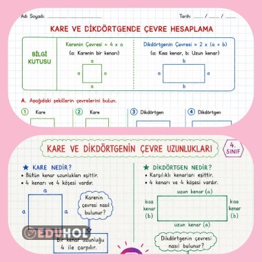 4. SINIF KARE VE DİKDÖRTGEN  ÇEVRE HESAPLAMA DEFTER NOTU VE ÇALIŞMA KAĞIDI