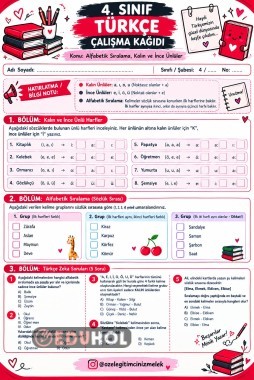 📚 4. Sınıf Türkçe – Alfabetik Sıralama, Kalın ve İnce Ünlüler Çalışma Kağıdı