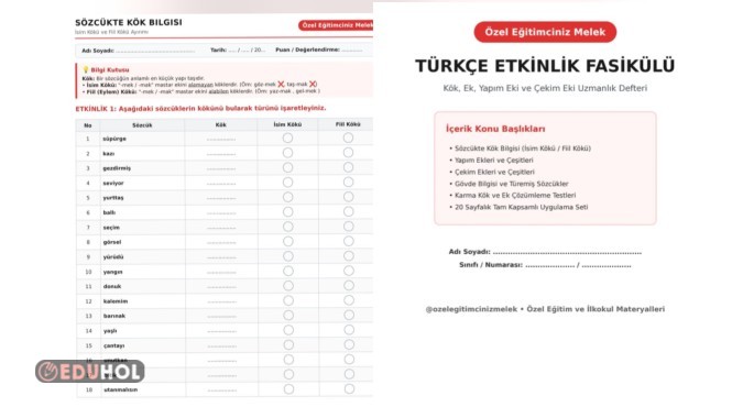 📚 Türkçe Etkinlik Fasikülü – Kök, Ek ve Yapım/Çekim Ekleri