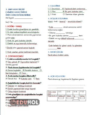 3. SINIF HAYAT BİLGİSİ EVİMİZDE HAYAT ÜNİTESİ ÜNİTE SONU DEĞERLENDİRME