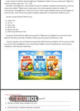 Fen Bilimleri Maddenin Halleri okuma anlama metni