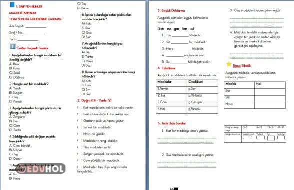 Fen Bilimleri MADDEYİ TANIYALIM TEMA SONU DEĞERLENDİRME ÇALIŞMASI