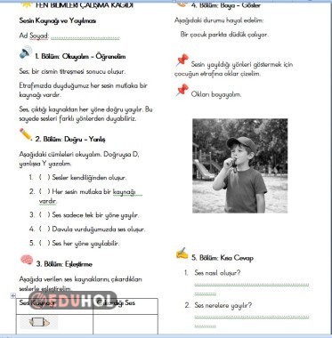 Fen Bilimleri sesin yayılması çalışma kağıdı