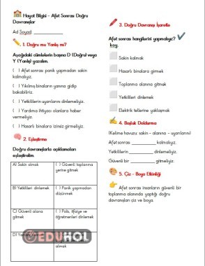 Hayat bilgisi acil durum sonrası doğru davranışlar etkinlik sayfası