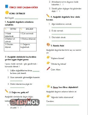 Türkçe dersi deyimler çalışma kağıdı