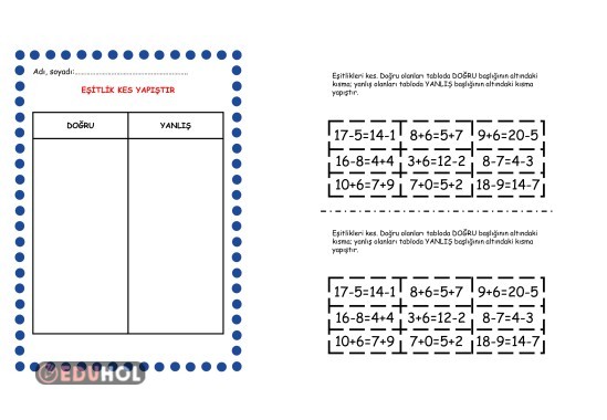 1. Sınıf Matematik Eşitlik Konusu Kes Yapıştır