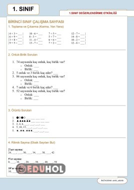 1 sınıf matematik değerlendirmesi