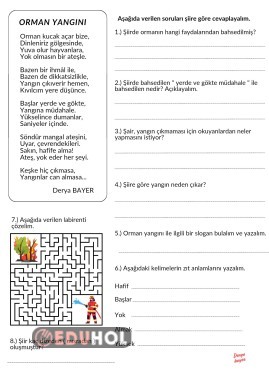 Orman yangını şiir okuduğunu anlama sayfası