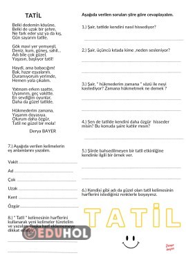 tatil şiiri okuduğunu anlama etkinlik sayfası