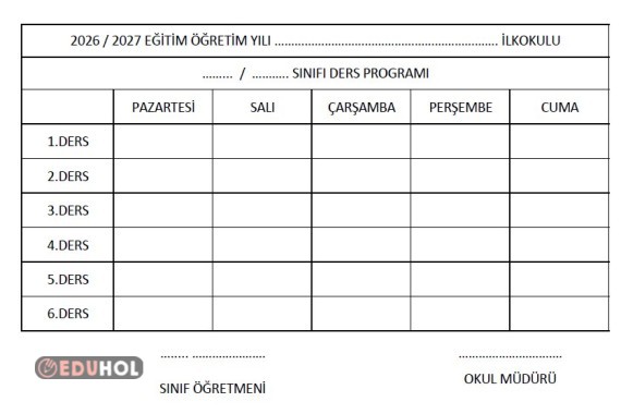 Boş Tam A4 boy yatay ders programı