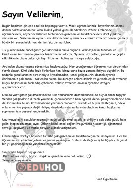 1. Sınıf Veli Bilgilendirme Mektubu