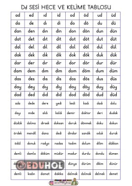 D SESİ HECE VE KELİME TABLOSU