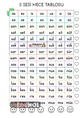S SESİ 2 VE 3 SESLİ HECE TABLOSU