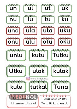 U SESİ HECEDEN CÜMLEYE TEK SAYFA