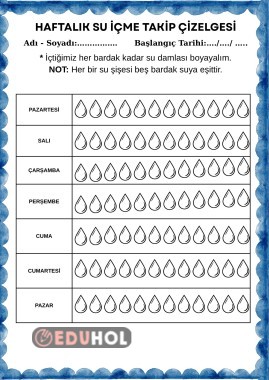 Haftalık Su İçme Takip Çizelgesi (Tüm sınıflar için uygundur)