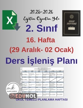 2. Sınıf 16. Hafta (29 Aralık- 02 Ocak) Haftalık Ders İşleniş Planı