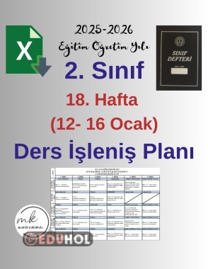 2. Sınıf 18. Hafta (12- 16 Ocak) Haftalık Ders İşleniş Planı