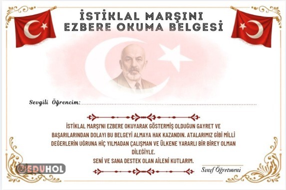 İstiklal Marşını Ezbere Okuma Belgesi