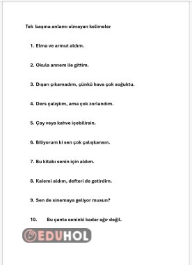 1 Sınıf Türkçe Tek başına anlamı olmayan kelimeler