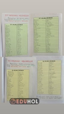 Zıt Anlamlı ve  Eş Anlamlı Kelimeler Defter Çalışması