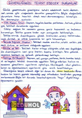 3.Sınıf Hayat Bilgisi Güvenliğimizi Tehdit Edecek Durumlar