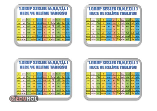 1.GRUP SESLER(A,N,E,T,İ,L)HECE VE KELİME TABLOSU DEFTERE YAPIŞTIRMALIK RENKLİ