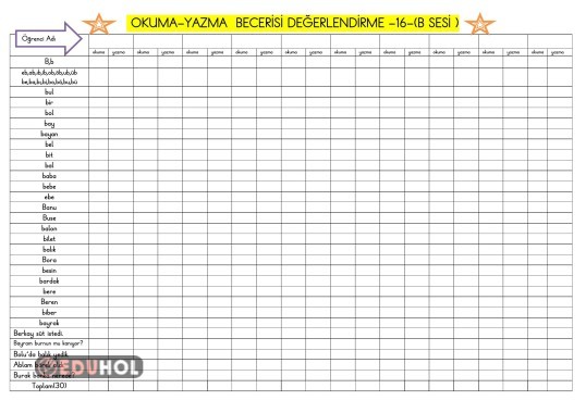B SESİ OKUMA-YAZMA  BECERİSİ DEĞERLENDİRME 16