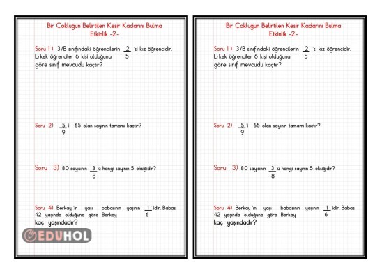 Bir Çokluğun Belirtilen Kesir Kadarını Bulma2(Defter Çalışması)