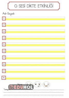 G SESİ DİKTE ETKİNLİĞİ YAZMA SAYFASI