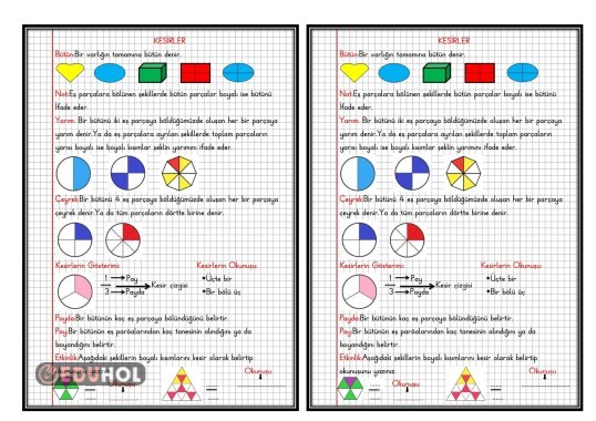 KESİRLER-1-(BÜTÜN,YARIM,ÇEYREK KESİRLERİN GÖSTERİMİ DEFTER ÇALIŞMASI)