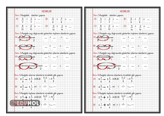KESİRLER-14-(Paydaları Eşit Kesirlerle Toplama ve Çıkarma İşlemi Defter Çalışması)