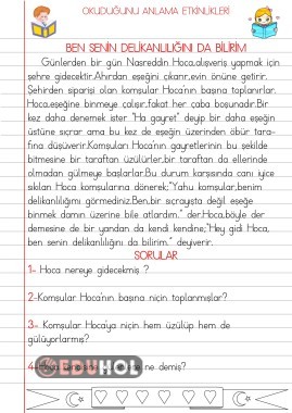 OKUDUĞUNU ANLAMA ETKİNLİKLERİ(BEN SENİN DELİKANLILIĞINI DA BİLİRİM.)