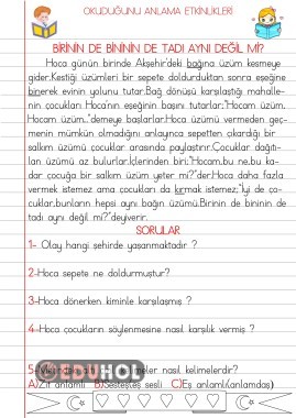 OKUDUĞUNU ANLAMA ETKİNLİKLERİ(BİRİNİN DE BİNİNİN DE TADI AYNI DEĞİL Mİ)