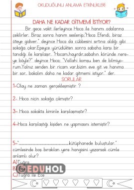 OKUDUĞUNU ANLAMA ETKİNLİKLERİ(DAHA NE KADAR GİTMEMİ İSTİYOR)