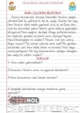 OKUDUĞUNU ANLAMA ETKİNLİKLERİ(KİMİN ÇALDIĞINI BİLSEYDİM)