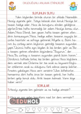 OKUDUĞUNU ANLAMA ETKİNLİKLERİ(SUYUNUN SUYU)