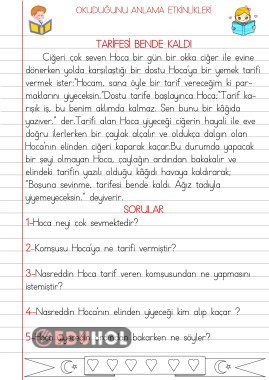 OKUDUĞUNU ANLAMA ETKİNLİKLERİ(TARİFESİ BENDE KALDI)