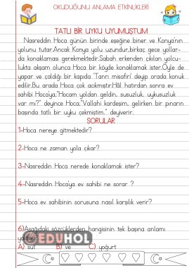 OKUDUĞUNU ANLAMA ETKİNLİKLERİ(TATLI BİR UYKU UYUMUŞTUM)