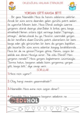 OKUDUĞUNU ANLAMA ETKİNLİKLERİ(YORGAN GİTTİ KAVGA BİTTİ)