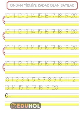 ONDAN YİRMİYE KADAR OLAN SAYILAR